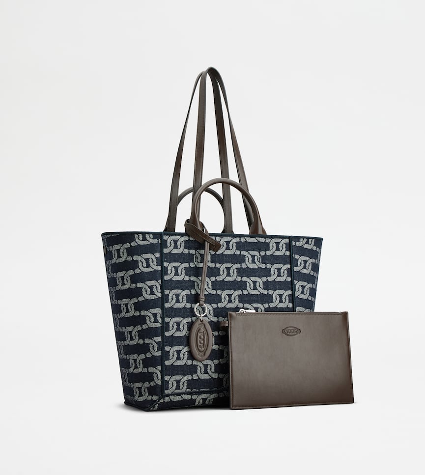 Tod's Double Up Shopping Bag in Denim and Leather Medium - Three-quarter view