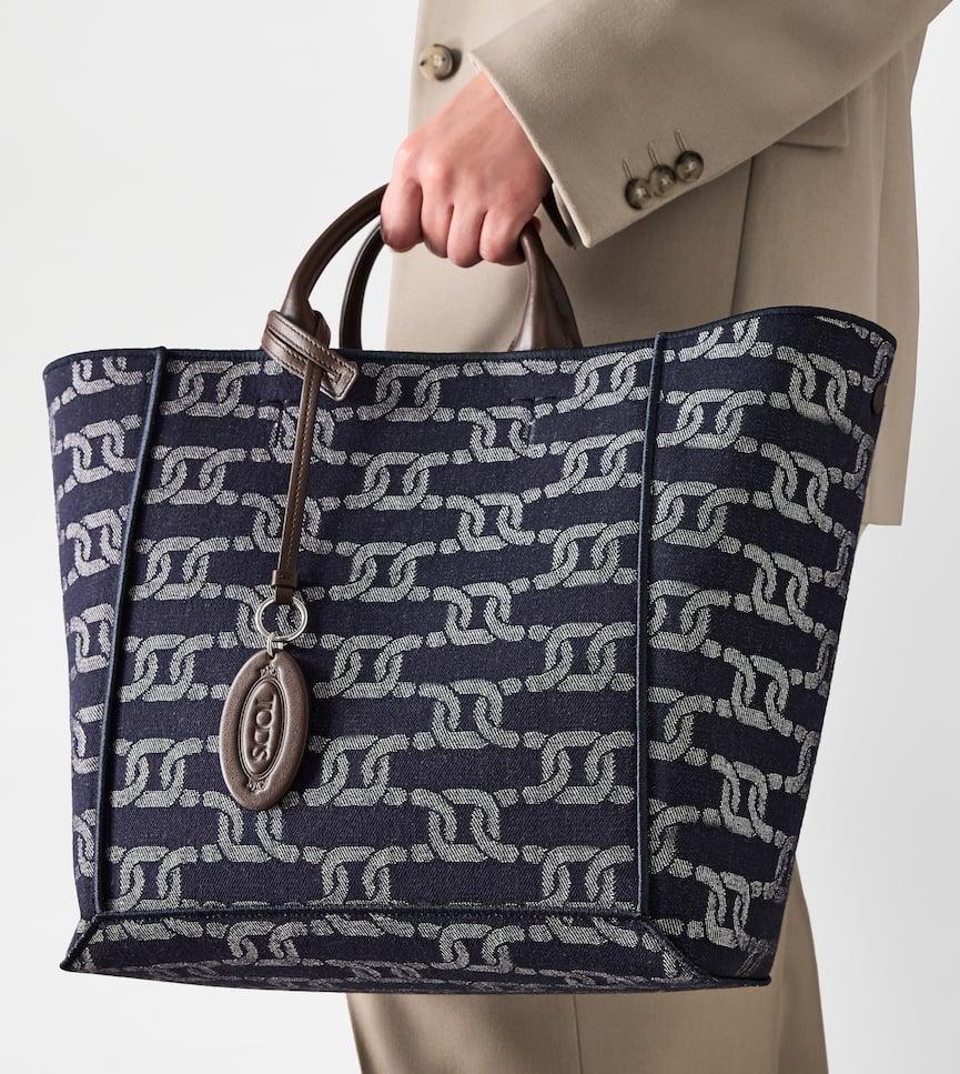 Tod's Double Up Shopping Bag in Denim and Leather Medium - On body