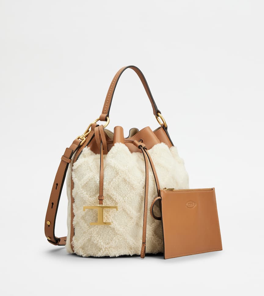 Bucket Bag in Shearling Small - Three-quarter view