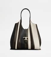 T Timeless Shopping Bag in Leather Medium-BLACK, WHITE, BROWN