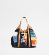 T Timeless Shopping Bag in Raffia and Leather Mini-BROWN, BLACK, LIGHT BLUE