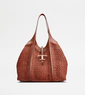 T Timeless Shopping Bag in Raffia and Leather Medium-ORANGE