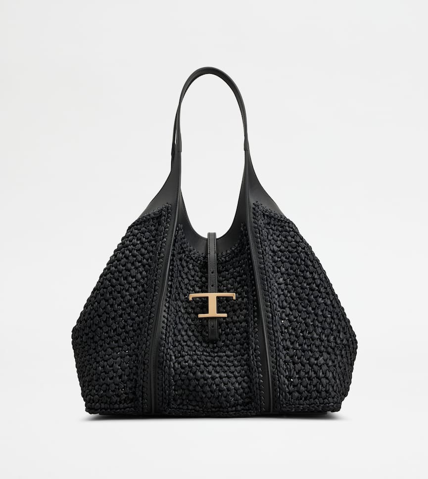 T Timeless Shopping Bag in Raffia and Leather Medium - Front view