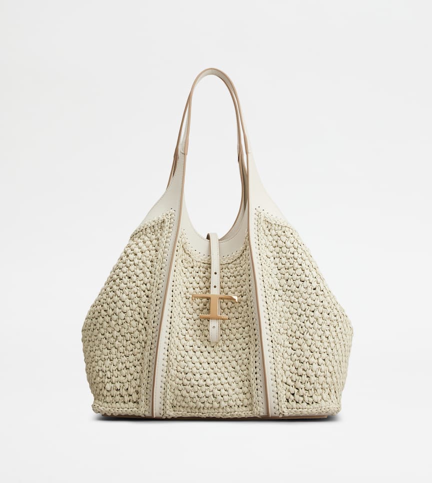 T Timeless Shopping Bag in Raffia and Leather Medium - Front view