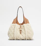 T Timeless Shopping Bag in Leather and Shearling Medium-BROWN, OFF WHITE