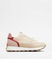 Sneakers in Leather and Fabric-BEIGE, PINK, RED